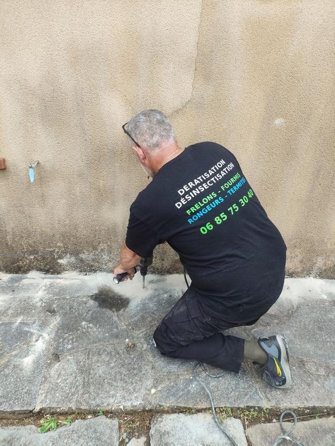Technicien Dezinsect Corse réalisant une injection anti-termites en façade